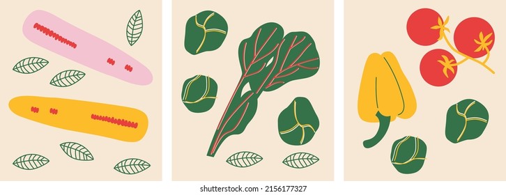 Cute appetizing Vegetables collection. Decorative abstract horizontal banner with colorful doodles. Hand-drawn modern illustrations with Vegetables, abstract elements. 