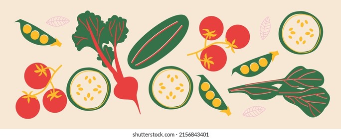 Cute appetizing Vegetables collection. Decorative abstract horizontal banner with colorful doodles. Hand-drawn modern illustrations with Vegetables, abstract elements. 