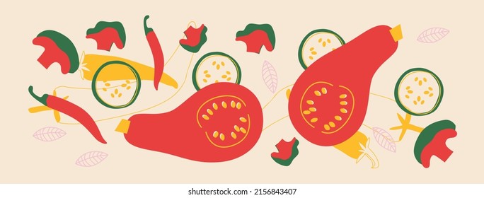 Cute appetizing Vegetables collection. Decorative abstract horizontal banner with colorful doodles. Hand-drawn modern illustrations with Vegetables, abstract elements. 