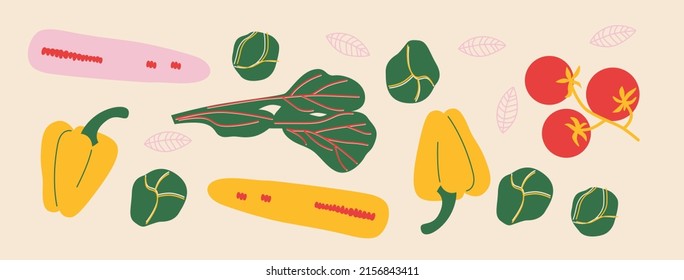 Cute appetizing Vegetables collection. Decorative abstract horizontal banner with colorful doodles. Hand-drawn modern illustrations with Vegetables, abstract elements. 