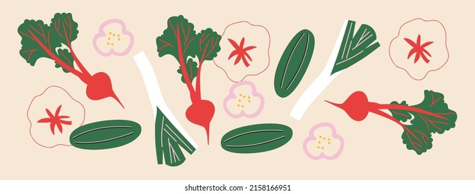 Cute appetizing Vegetables collection. Decorative abstract horizontal banner with colorful doodles. Hand-drawn modern illustrations with Vegetables, abstract elements. 