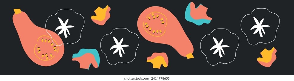 Cute appetizing Vegetables collection. Decorative abstract horizontal banner with colorful doodles. Hand-drawn modern illustrations with Vegetables, abstract elements.