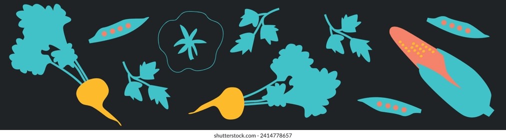 Cute appetizing Vegetables collection. Decorative abstract horizontal banner with colorful doodles. Hand-drawn modern illustrations with Vegetables, abstract elements.