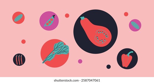 Cute appetizing Vegetables collection. Decorative abstract horizontal banner with colorful doodles. Hand-drawn modern illustrations with Vegetables, abstract elements.	
