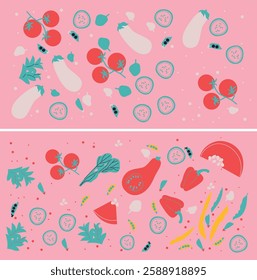 Cute appetizing Vegetables collection. Decorative abstract horizontal banner with colorful doodles. Hand-drawn modern illustrations with Vegetables, abstract elements.	

