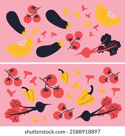 Cute appetizing Vegetables collection. Decorative abstract horizontal banner with colorful doodles. Hand-drawn modern illustrations with Vegetables, abstract elements.	

