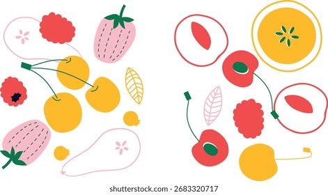Coleção de legumes apetitosa bonito. Banner horizontal abstrato decorativo com rabiscos coloridos. Ilustrações modernas desenhadas à mão com Vegetais, elementos abstratos.	
