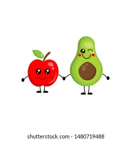 cute apple and avocado with eyes. Isolated on white background. apple and avocado in cartoon style.funny friends character concept. illustration for kids
