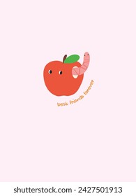 Cute apple with its best friend worm print for gift card, post card, poster etc. Abstract Fruit print for kids textile, decor, fabric, wrapping paper, vector. Cute trendy design. Best friends forever.