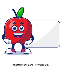 Cute Apple With Board Cartoon Vector Illustration. Fruit Mascot Character Concept Isolated Premium Vector