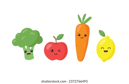 Cute apple, broccoli, carrot and lemon isolated on white background. Vector illustration