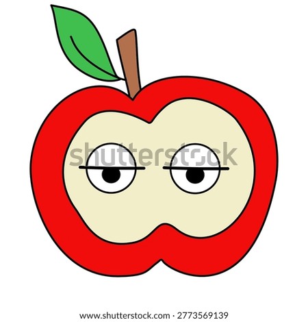 Cute apple cartoon character with bored and annoyed expression, flat vector illustration. A red apple sliced in half showing a cream-colored interior with bored, half-closed eyes. Minimalist fruit emoji isolated on white background.