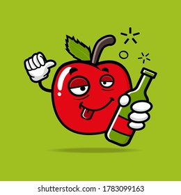 cute apple cartoon mascot character . the drunken red apple  holding a bottle