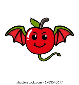 caricatura de manzana linda personaje de mascota. la manzana roja como las alas del diablo 