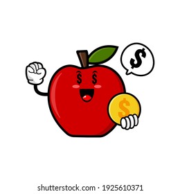 cute apple cartoon mascot character funny expression holding coin with money eye