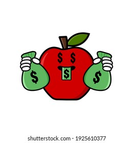 cute apple cartoon mascot character funny expression with money eye and holding money pouch
