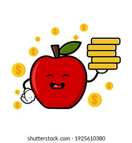 cute apple cartoon mascot character funny expression holding coin pile