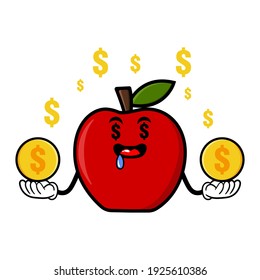cute apple cartoon mascot character funny expression with money eye and holding gold coin