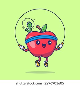 Cute Apple and Caterpillar Playing Jump Rope Cartoon Vector Icon Illustration. Fruit Sports Icon Concept Isolated Premium Vector. Flat Cartoon Style