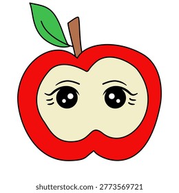 Cute apple character with big sparkling eyes, kawaii fruit mascot illustration. A red apple cartoon with large, shiny, expressive eyes and eyelashes. Adorable fruit character design for stickers or social media.