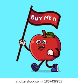 Cute Apple character carrying a flag that says buy me. Fruit character icon concept isolated. Emoji Sticker. flat cartoon style Vector