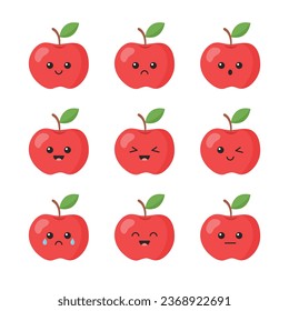 Cute apple character. Cartoon apple emoji icon set. Vector illustration