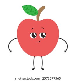 Cute Apple Character: A charming cartoon apple with adorable eyes, a friendly smile, and tiny arms and legs. Perfect for children's books, educational materials, or fun, healthy branding.