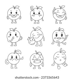 Cute apple character. Coloring Page. Funny fruit cartoon. Vector drawing. Collection of design elements.