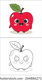 A cute apple character drawing, both colored and black and white. Perfect for coloring pages and educational materials. Features a smiling apple with a leaf and stem.