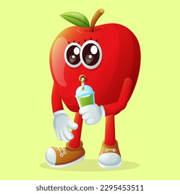 Cute apple character drinking a green smoothi. Perfect for kids, merchandise and sticker, banner promotion or blog
