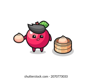 cute apple character eating steamed buns , cute style design for t shirt, sticker, logo element