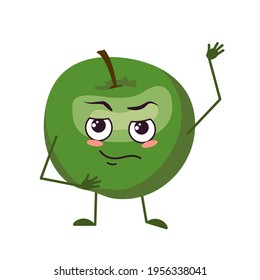 Apfelcharakter mit Gesicht und Emotionen, Armen und Beinen. Der lustige oder traurige Held, grüne Früchte. Vektorgrafik
