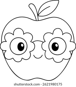 A Cute apple character with flower glasses, smiling and cheerful