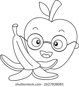 Cute apple character with glasses hugging a banana outline illustration