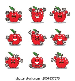 Cute Apfel Charakter Heben Barbell Vektordesign