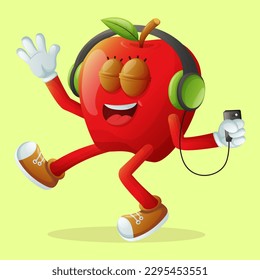 Cute apple character listening to music. Perfect for kids, merchandise and sticker, banner promotion or blog
