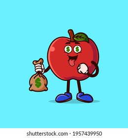 Cute Apple Character With Money Eyes And Holding Money Bag. Fruit Character Icon Concept Isolated. Emoji Sticker. Flat Cartoon Style Vector