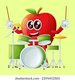 Cute apple character playing drum. Perfect for kids, merchandise and sticker
