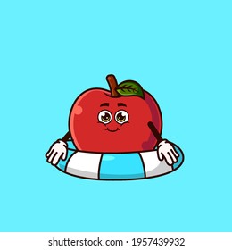 Cute Apple character with swim ring float. Fruit summer icon concept isolated. flat cartoon style Premium Vector