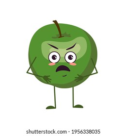 Cute apple characters with angry emotions, face, arms and legs. The funny or grumpy hero, green fruit. Vector flat illustration