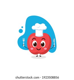 cute apple chef hold cutlery.illustration for business, t shirt, sticker, card or poster design.kawaii cartoon illustration.funny restaurant illustration.