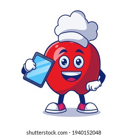 Ilustración del vector de dibujos animados del chef de Apple Cute Holding. Concepto de carácter mascota de frutas Vector premium aislado