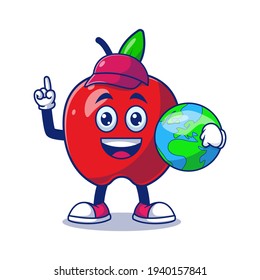 Cute Apple Cleaner Holding Earth Cartoon Vector Illustration. Fruit Mascot Character Concept Isolated Premium Vector