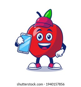 Cute Apple Cleaner Holding Phone Cartoon Vector Illustration. Fruit Mascot Character Concept Isolated Premium Vector