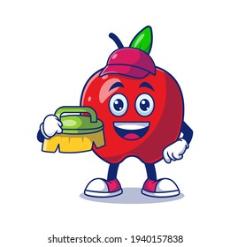 Cute Apple Cleaner Holding Washing Brush Cartoon Vector Illustration. Fruit Mascot Character Concept Isolated Premium Vector