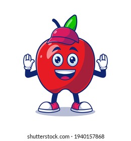 Cute Apple Cleaner With Stop Expression Cartoon Vector Illustration. Fruit Mascot Character Concept Isolated Premium Vector