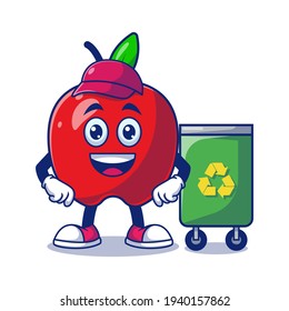 Cute Apple Cleaner With Trash Can Cartoon Vector Illustration. Fruit Mascot Character Concept Isolated Premium Vector