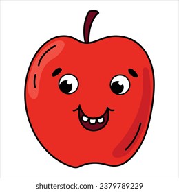 Cute apple with eyes and smile in retro style.