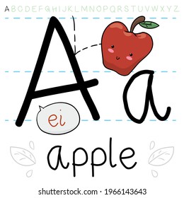 manzana corta cayendo sobre la letra 'A', enseñándote la primera letra del alfabeto con un ejemplo: A es para Apple.