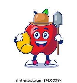 Cute Apple Farmer Holding Lemon And Scoop Cartoon Vector Illustration. Fruit Mascot Character Concept Isolated Premium Vector